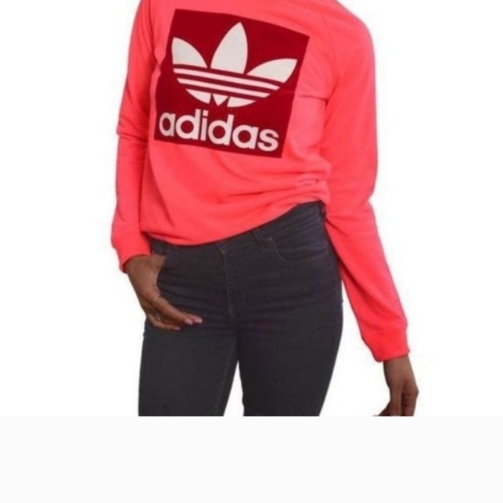 ADIDAS WOMENS TREFOIL CREW SWEATSHIRT FLARED sz S Neon And Red - Picture 8 of 16